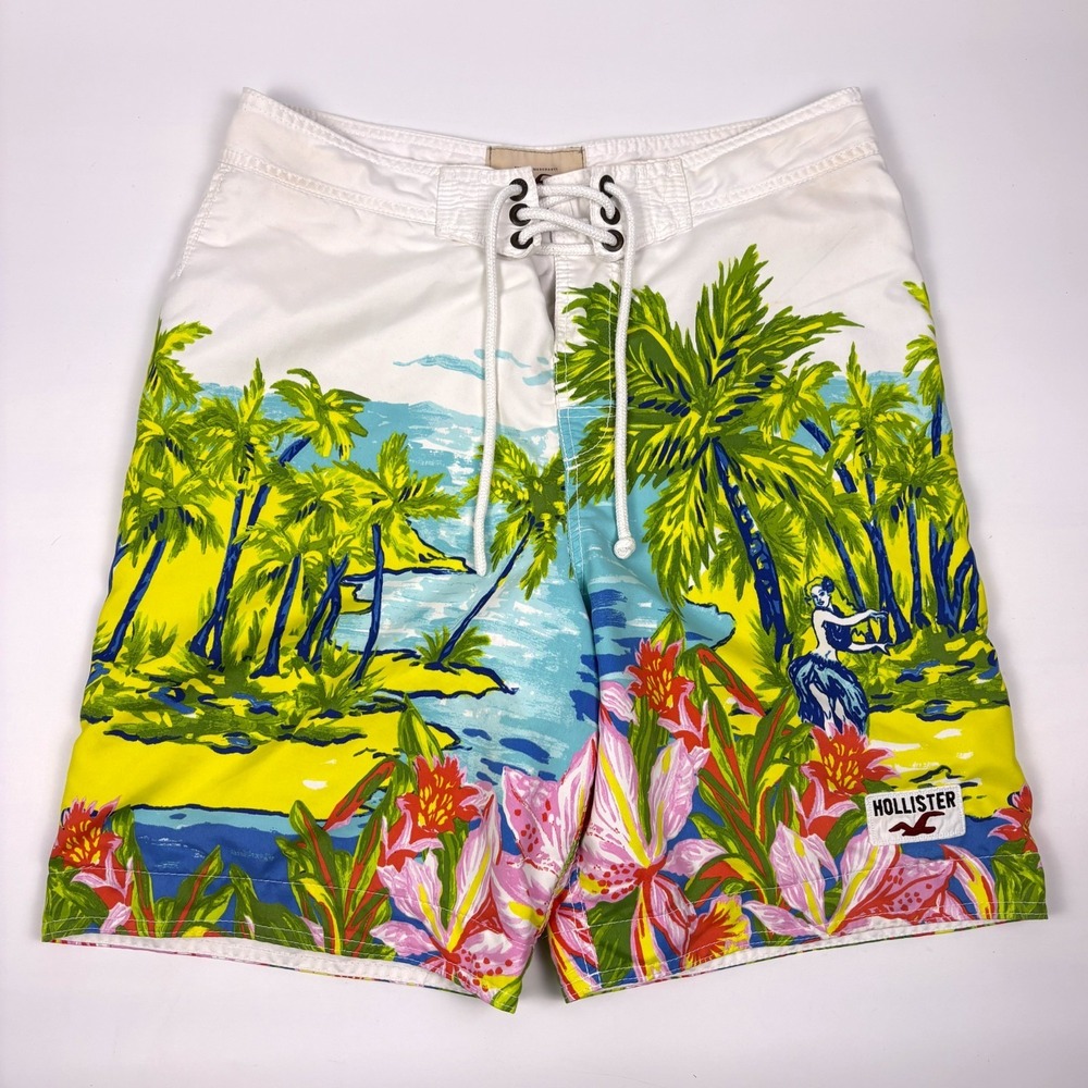 VTG Y2K Hollister Tropical Hawaiian Board Shorts Mens Sz L White AOP Hula Girl